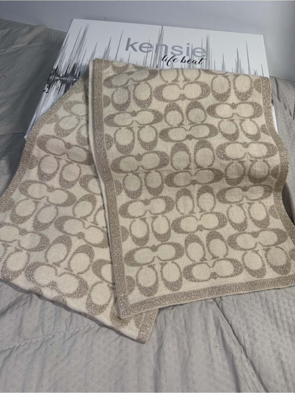 Coach Beige Signature Jacquard Scarf with Metallic Trim